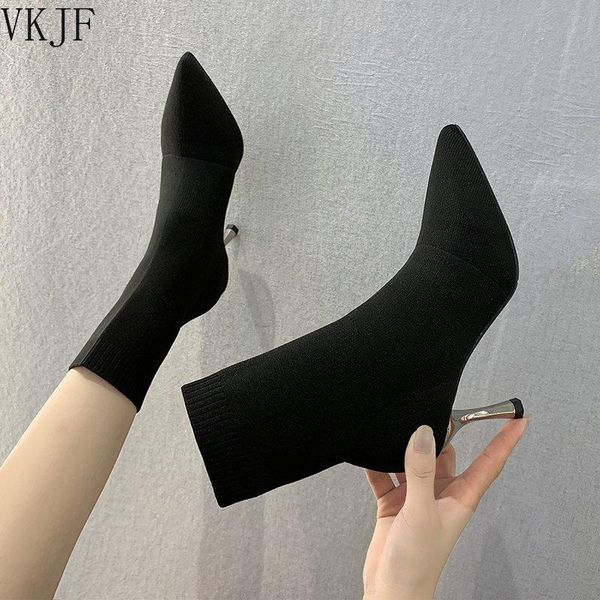 Çizmeler Metal Bıçak Topuklu Çorap Kadın Streç Kumaş Elastik Stilettos Topuk Sivri Burun Ayak Bileği Ayakkabı Zapatillas Mujer
