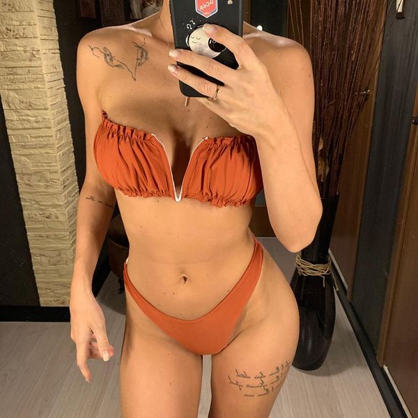 

pleated bandeau bikini high leg cut swimsuit female swimwear women two-pieces bikini set bather bathing suit swim wear k1833