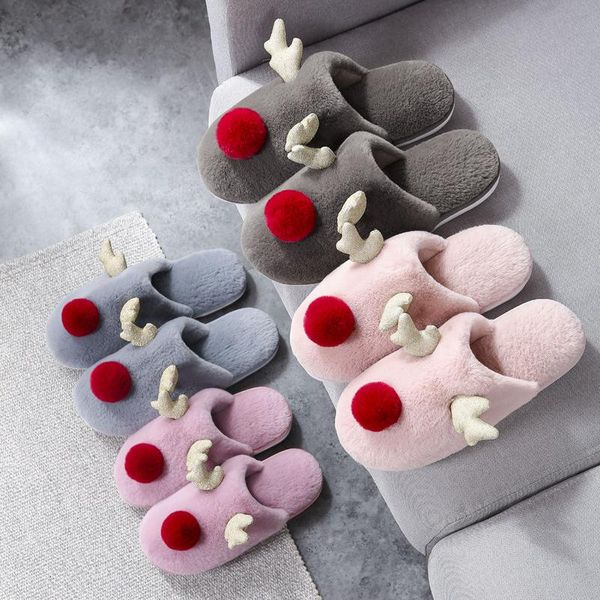 

fashion couple winter soft slipper woman shoes christmas deer flock plush warm indoor floor flat home slippers, Black
