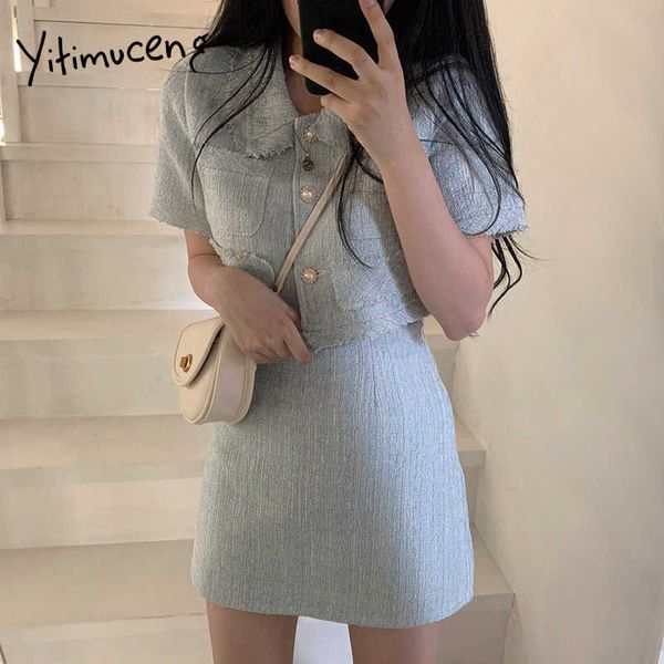 

yitimuceng 2 piece blouse and skirt women cardigan short sleeve shirts slim a-line skirts summer korean fashion sundress 210601, White