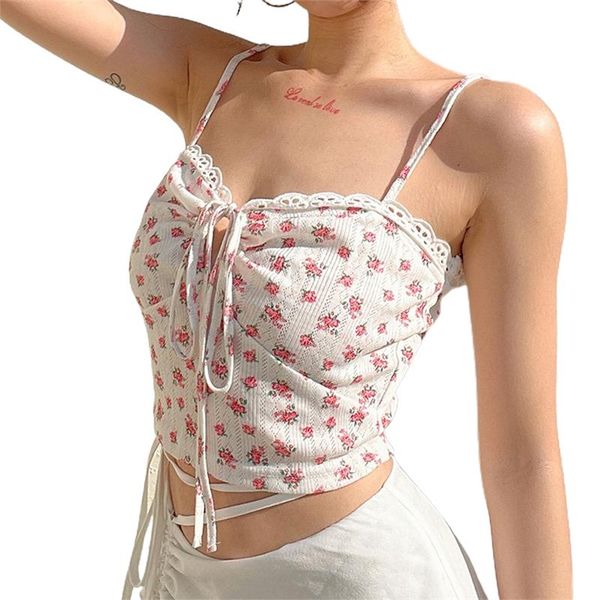 

women's tanks & camis women'scrop cami summer clothes lace trim camisole spaghetti strap floral print ruched drawstring, White