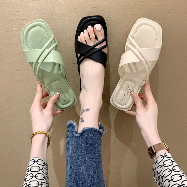 

slippers flat shoes female cover toe ladies' slipers women med mules luxury slides low 2021 soft designer basic fashion rub, Black