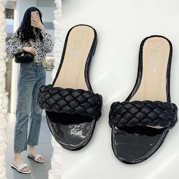 

summer woven low-heeled fashion outer wear large size 41-42 slippers ladies, Black