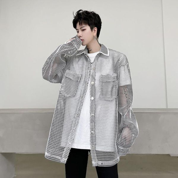 

mesh hollow solid color sunscreen clothing men korean fashion loose casual jacket streetwear hip-hop skin men's jackets, Black;brown