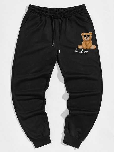 

men cartoon bear & slogan graphic sweatpants n3df#, Black