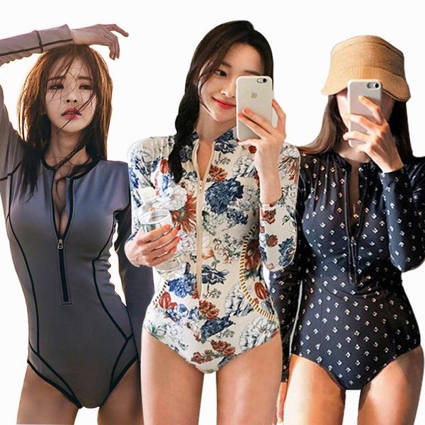 

women's swimwear 2021 slim sunscreen long sleeve zipper floral triangle one-piece swimsuit for women, White;black