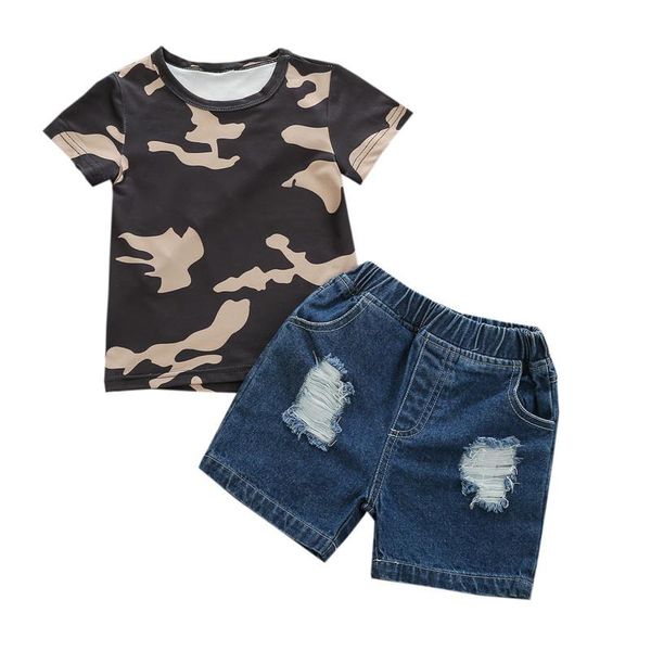 

1-6 years camouflage set 2021 fashion infant boys short sleeve and ripped denim pants girls clothes clothing sets, White