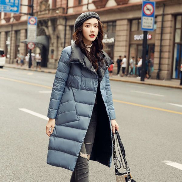 

middle aged female light and thin down jacket, style, medium long wide lady's slim coat, fashion, Black