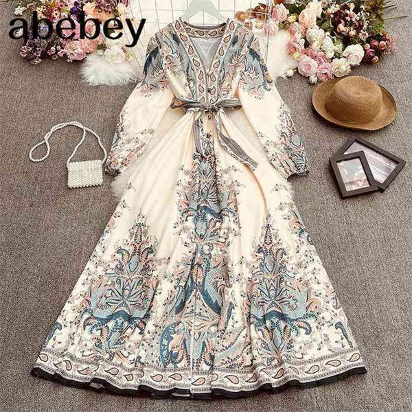 

spring summer women v-neck national style print dress waist slim lace up puff sleeve split dress 210715, Black;gray