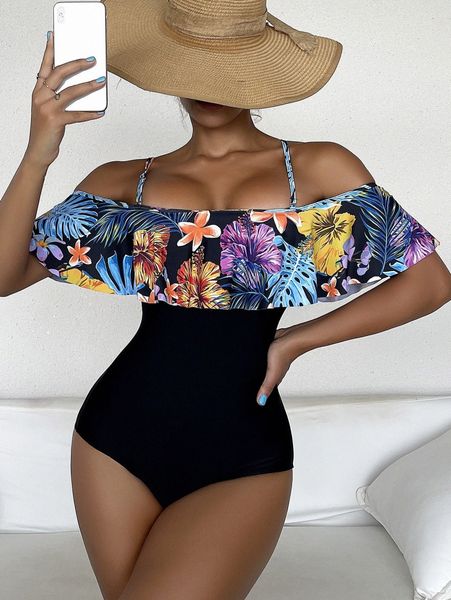 

tropical print ruffle trim one piece swimsuit c7sz#, White;black