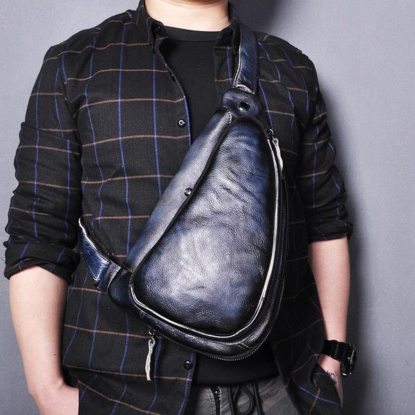 

waist bags men genuine crazy horse leather casual triangle pack chest sling bag design one shoulder crossbody for male 9976