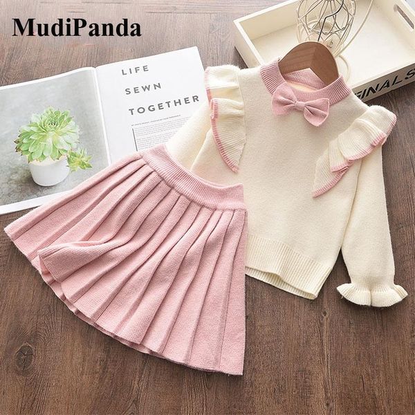 

clothing sets mudipanda girls winter clothes set long sleeve sweater shirt skirt 2 pcs suit bow baby outfits for kids, White