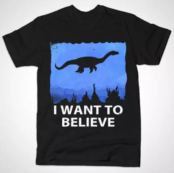 

R3 I Want To Believe Loch Ness Monster X-File Alien UFO Parody Funny Black Tee, White;black
