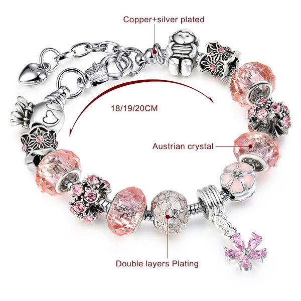 

fashion charm bracelet pandora style ladies beaded bracelet pink crystal flower pendant diy jewelry christmas gift, Black