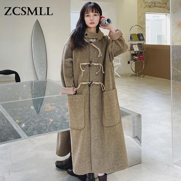 

women's wool & blends zcsmll 2021 autumn winter horn button woolen coat female loose long sleeve mid-length outerwear women fashion th5, Black