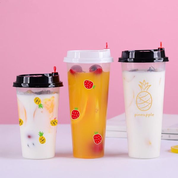 

disposable cups & straws 50pcs summer cold drink milk tea juice takeaway package transparent creative furit pattern plastic cup with lid