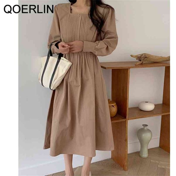 

minimalist korean retro temperament square collar long sleeve pleated lace-up high waist dress office elegant maxi 210601, Black;gray