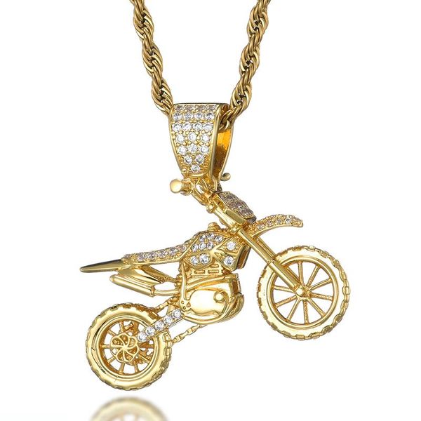 

full cz stone paved iced out bling motorcycle pendant necklaces for men women gold silver color cubic zircon hip hop jewelry