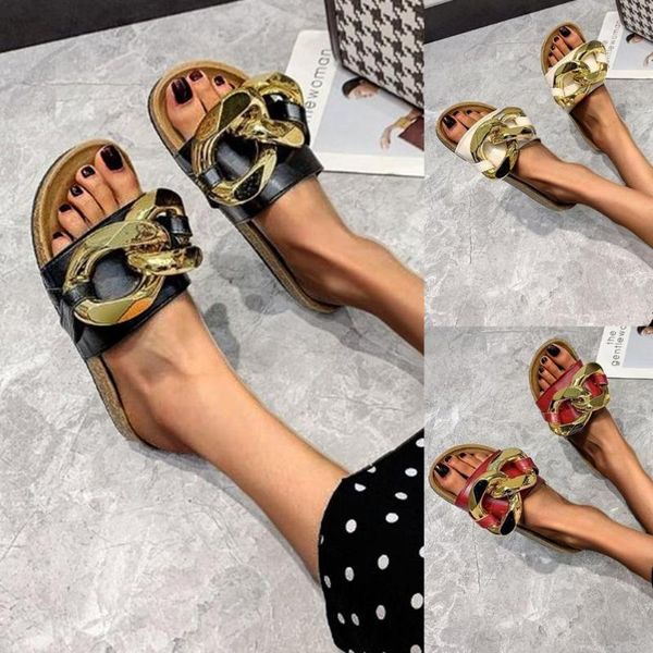 

slippers 2021 summer women flat sandals casual metal chain strap fashion buckle beach washable leisure, Black