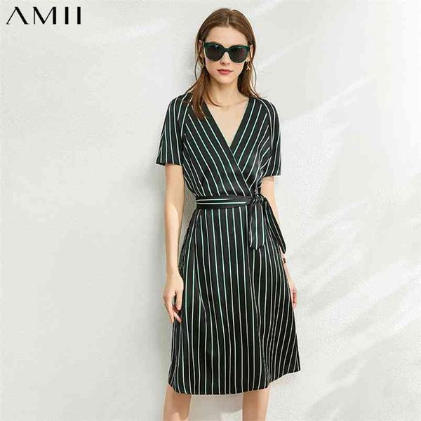

minimalism summer dress for women offical lady stripe printed vneck loose belt knee-length 12030094 210527, Black;gray