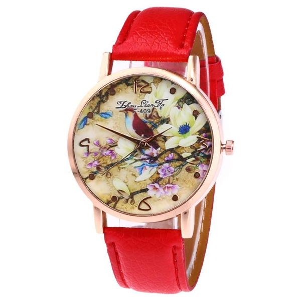 

wristwatches retro quartz watch faux leather strap couple round dial women watches spring flower and birds printed ll@17, Slivery;brown