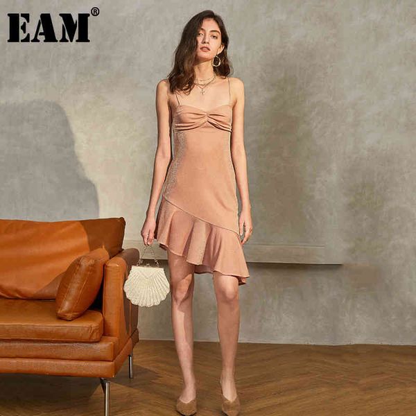 

[eam] women irregular ruffles spaghetti strap dress v-neck sleeveless loose fit fashion spring summer 1u704 210512, Black;gray