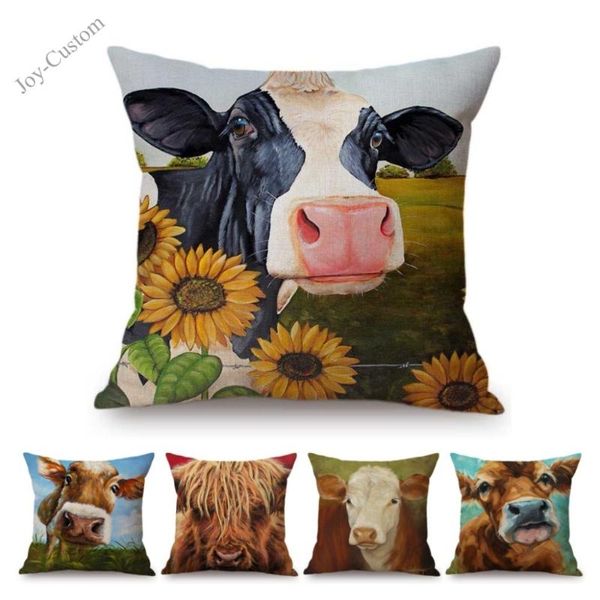 

cushion/decorative pillow 2021 cute dairy cow watercolor oil painting cotton linen home decoration case sofa cushion cover car