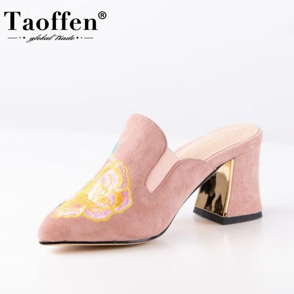 

taoffen arrival women sandals fashion embroidery flower slippers flock upper strap toe square heels footwear size 33-43, Black