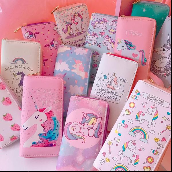 

women wallets unicorn series long wallet cartoon pu student purses mobile bag girls cute pink zipper clutch, Red;black