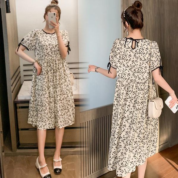

maternity dresses 2021 summer loose floral dress bow puff sleeve o-neck pregnant woman a-line plus size pregnancy chiffon, White