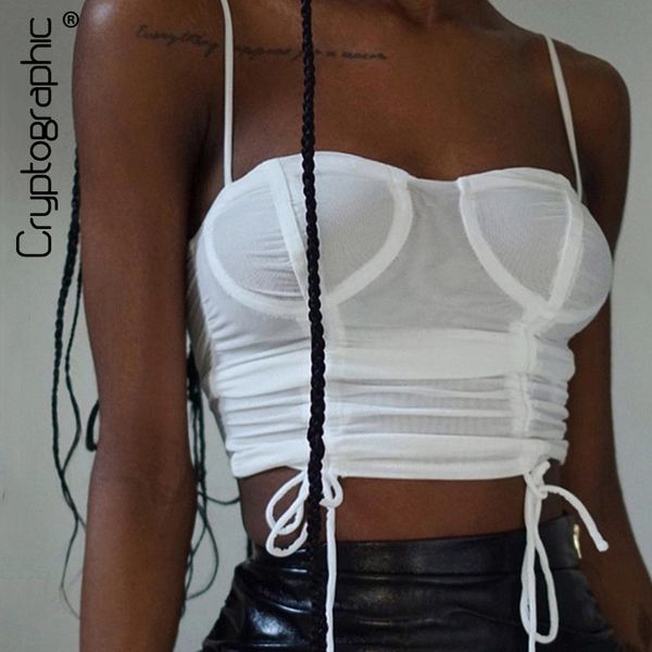 

dstring ruched mesh crop women sleeveless sheer slim cropped feminino straps corset vest streetwearby air, Black;gray