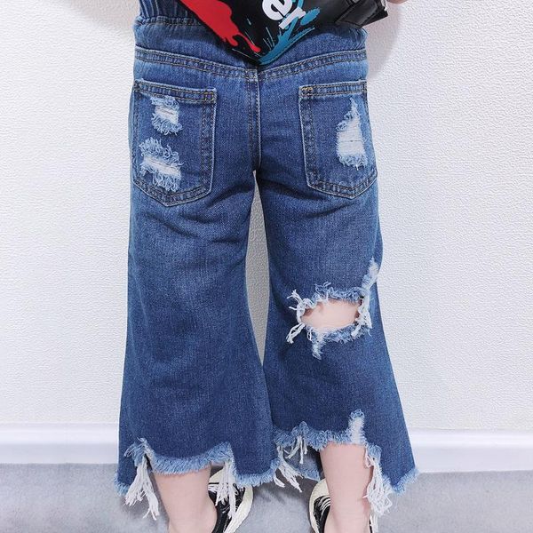 

fashion children jeans loose big hole ripped girl denim pants kids trousers baby cowboy mid-waist, Blue