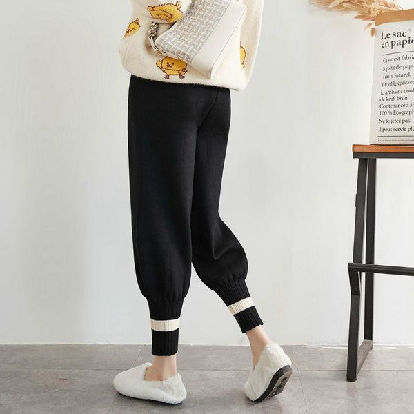 

women's pants & capris 2021 women elastic waist drawstring trousers thick knitted harem autumn winter swear bottoms solid casual l71, Black;white