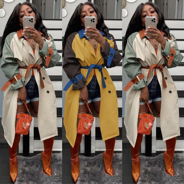 

women's trench coats casual woman windbreaker outwear 2021 autumn and winter fashion turn-down collar long coat, Tan;black