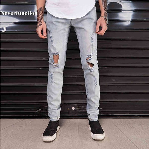 

jeans men kanye west style ripped slim fit beggar fashion streetwear destruction knee big holes design joggers mens denim, Blue