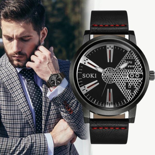 

wristwatches soki men sports quartz wrist watches leather band calendar military clock gifts for relogio masculino, Slivery;brown