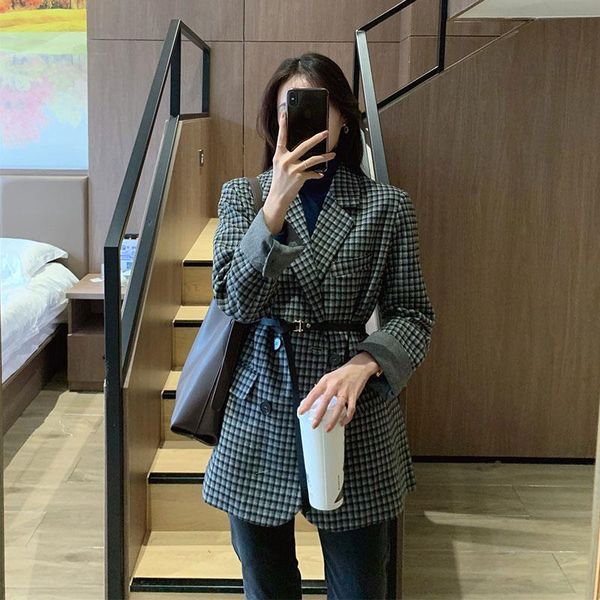 

women's suits & blazers 2021 ladies suit fashion british style loose slim belt plaid jacket, White;black