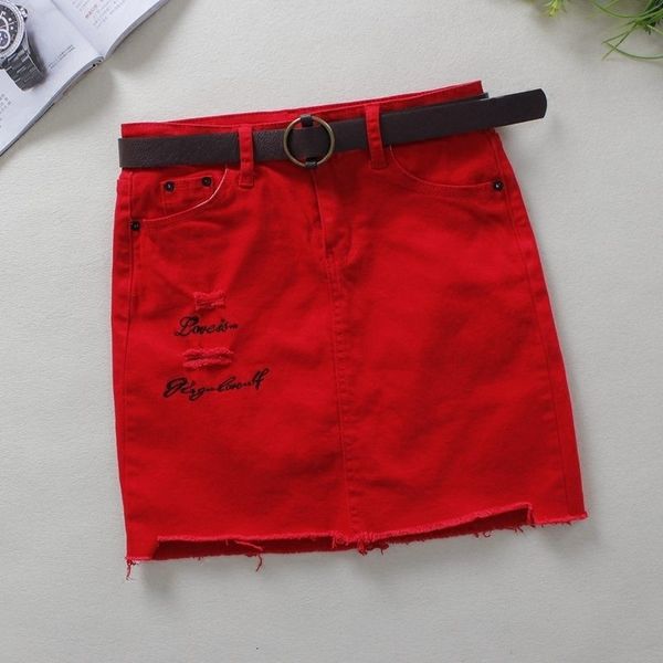 

skirts korean summer red denim pants brim women's skirts thin pencil embroidered standard letter mini skirt streetwear ladies ub96, Black