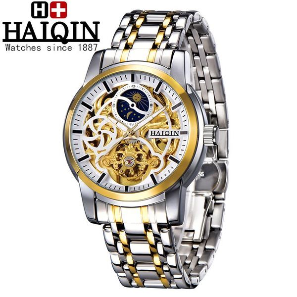 

wristwatches haiqin 2021 skeleton tourbillon mens mechanical watches automatic watch men luxury business for waterproof clock, Slivery;brown