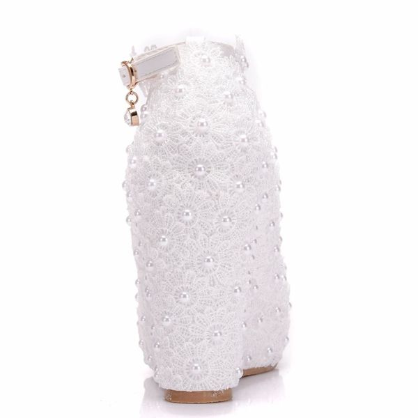 

sandals fashion woman wedding pumps sweet white flower lace pearl platform shoes bride high heels, Black