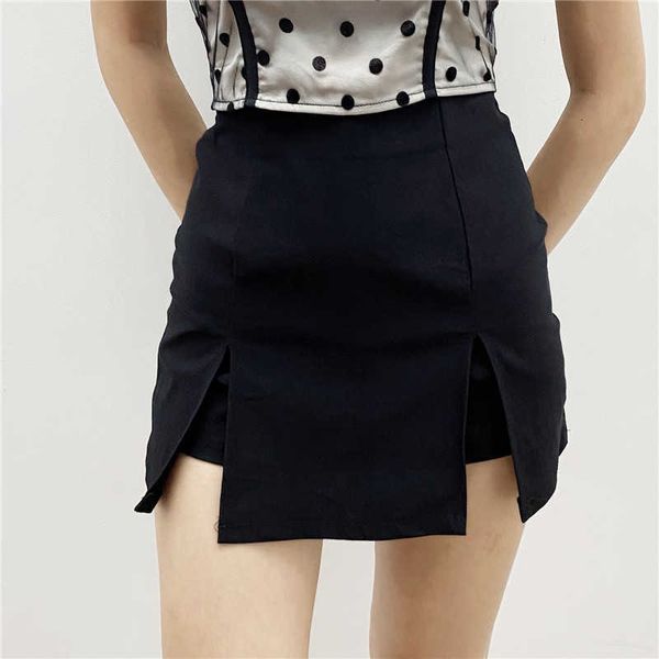 

skirts double split summer high waist anti-slip bag hip skirt jplb, Black