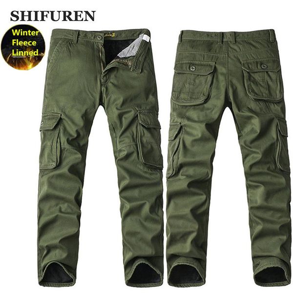 

men's pants shifuren winter thicken fleece cargo overalls multi-pocket casual cotton military long trousers plus size 28-40, Black