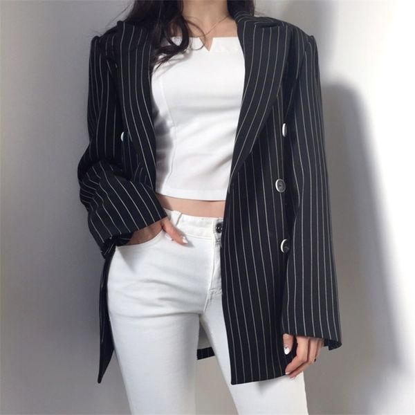 

autumn winter vintage chic striped blazer coat women double breasted long sleeve korean formal ol jacket outwear female 210514, White;black
