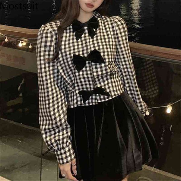 

bow colloar plaid korean women shirt autumn full sleeve vintage fashion stylish ladies blouses blusas femme 210513, White