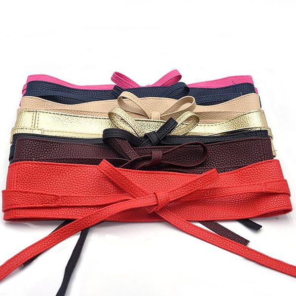 

belts fashion women trendy solid belt soft pu leather waistband self tie bow wrap around waist band cinch boho obi, Black;brown