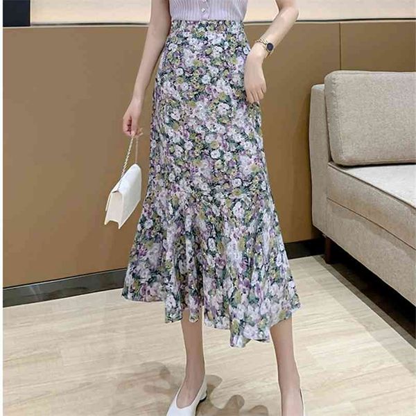 

arrival spring summer women skirt gorgeous flowers chiffon long elastic waist mermaid 210708, Black