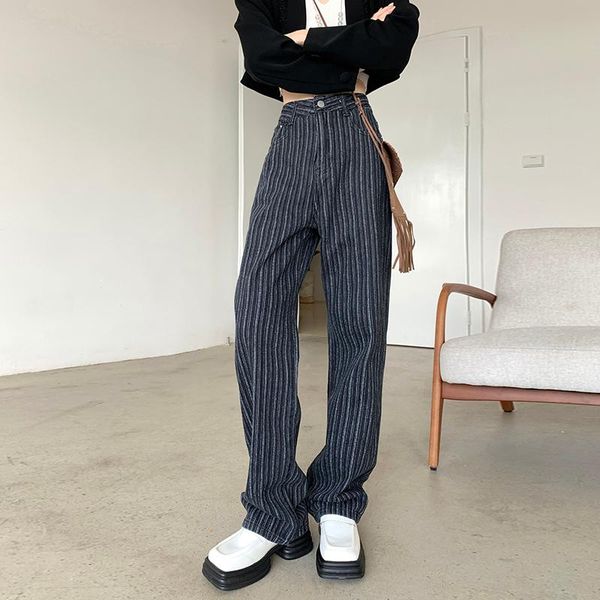 

women's jeans vintage black striped for women high waist plus size straight baggy pants mom washed boyfriend trousers jean femme, Blue