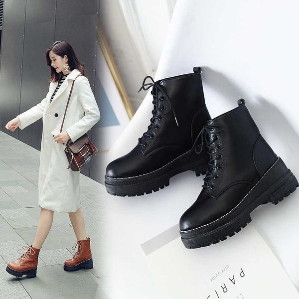 

brown black pu leather ankle boots women autumn winter round toe lace up shoes woman fashion motorcycle platform botas 210611