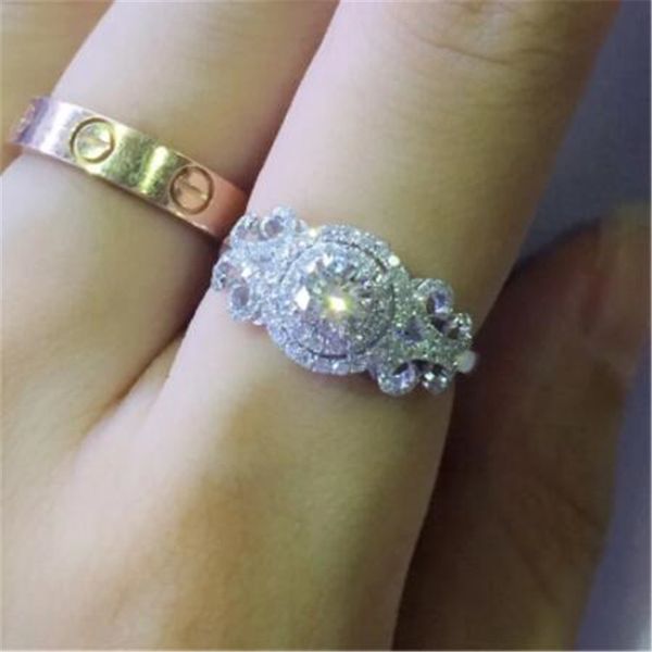 Vecalon Цветочное кольцо 925 Стерлинговое серебро Bijou Diamond Zircon CZ Объединение Свадебные кольца для женщин Bridal Party Free Ювелирные Изделия