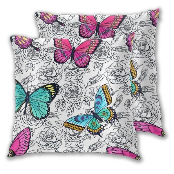 

pillow case square decorative throw pillows hand drawn roses butterflies cushion covers cases pillowcases sofa bedroom car chair 2 pieces